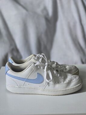 Nike Court Vision Low Top Women's White Sneakers 9.5 with Light Blue Swoosh